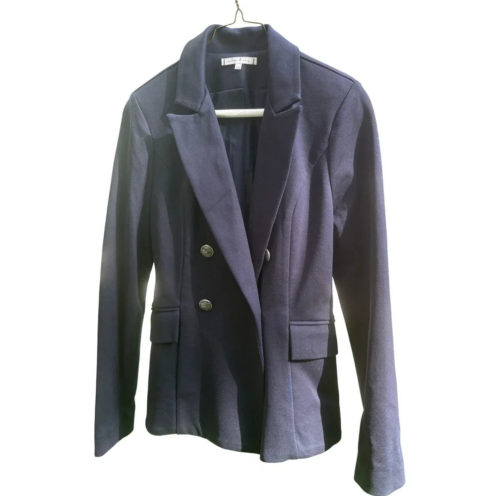 Willow & Clay Navy Blue Double Breasted Blazer Silver Crest Button Jacket XS NEW